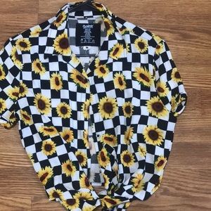 checkered spencer’s sunflower tied shirt button up